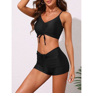 Women's Bikini Sets, 2 Piece Spagehetti Straps Drawstring Tops BoyShorts Swimwear Bathing Suits