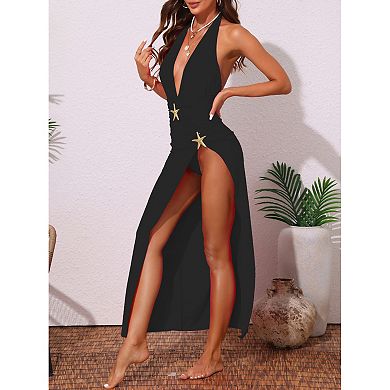 Women's Plung Deep V Bikini Sets, 2 Pieces Halter Tops Long Skirt Cover Up Swimwear Bathing Suits