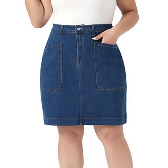 Women's Plus Size Denim Pencil Skirts Summer High Waist Knee Length Jean Skirt with Pockets