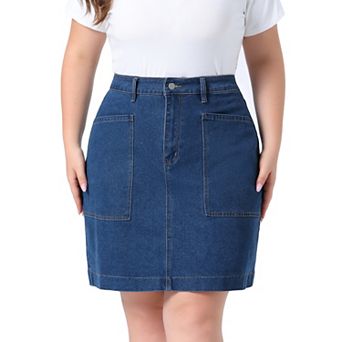 Women's Plus Size Denim Pencil Skirts Summer High Waist Knee Length Jean Skirt with Pockets