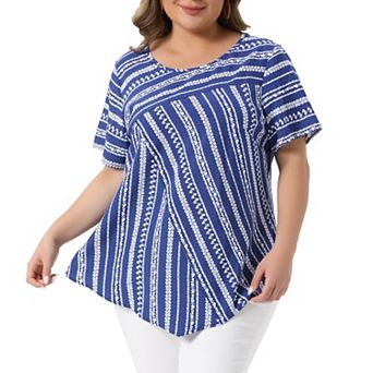 Women's Plus Size Top Crew Neck Short Sleeve Striped Shirt Dressy Casual Fashion Blouse
