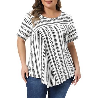 Women's Plus Size Top Crew Neck Short Sleeve Striped Shirt Dressy Casual Fashion Blouse