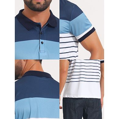 Men's Colorblock Striped Polo Shirt Short Sleeve Three Button Work Golf Shirts