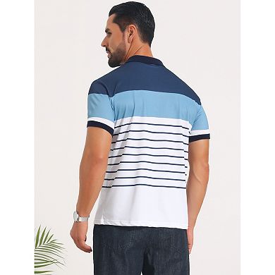 Men's Colorblock Striped Polo Shirt Short Sleeve Three Button Work Golf Shirts