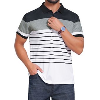 Men's Colorblock Striped Polo Shirt Short Sleeve Three Button Work Golf Shirts