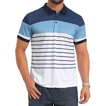 Men's Colorblock Striped Polo Shirt Short Sleeve Three Button Work Golf Shirts