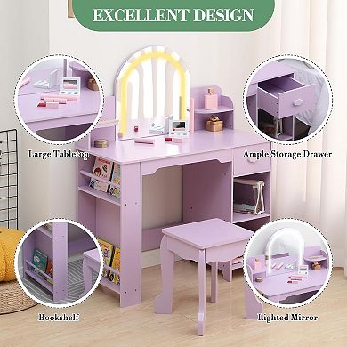 Girls' Wooden Dressing Table Set with Light, Mirror, Storage & Accessories for Ages 3-9