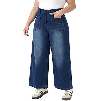 Women's Plus Size Jeans Straight Wide Leg High Waisted Stretch Denim with Pockets Denim Jean Pants