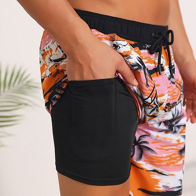 Printed Swimming Shorts for Men's Elastic Liner Drawstring Beach Shorts with Pockets