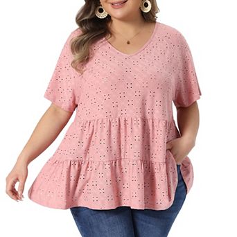 Women's Plus Size Top Summer V Neck Short Sleeve Shirts Eyelet Flowy Casual Babydoll Blouses