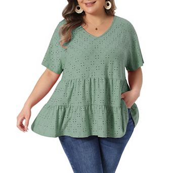 Women's Plus Size Top Summer V Neck Short Sleeve Shirts Eyelet Flowy Casual Babydoll Blouses