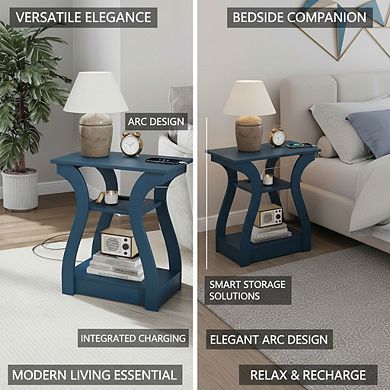 AKSZRI 3-Tier End Table with Charging Station & USB Ports - Storage Shelf Side Table for Living Room