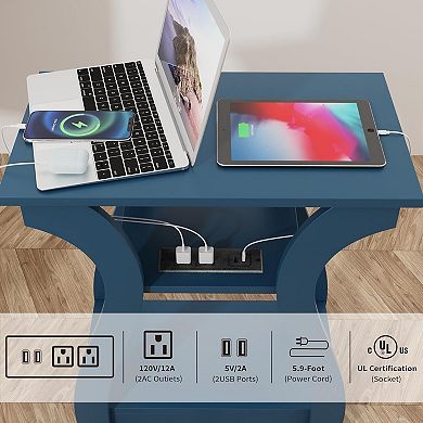 AKSZRI 3-Tier End Table with Charging Station & USB Ports - Storage Shelf Side Table for Living Room