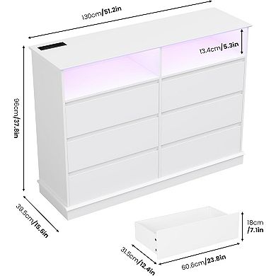 6-Drawer Dresser with LED Lights & Charging Station, Modern Storage Cabinet with Open Space