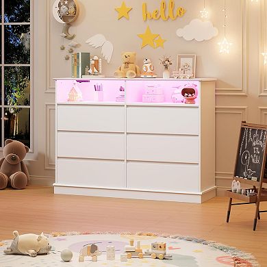 6-Drawer Dresser with LED Lights & Charging Station, Modern Storage Cabinet with Open Space