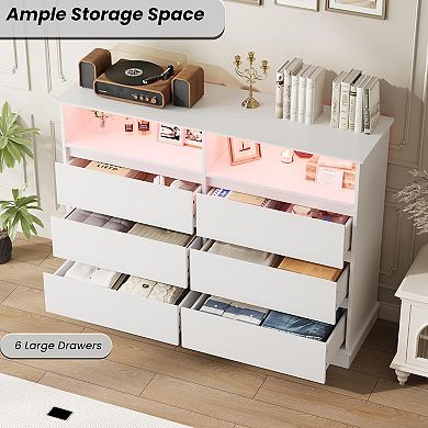 6-Drawer Dresser with LED Lights & Charging Station, Modern Storage Cabinet with Open Space