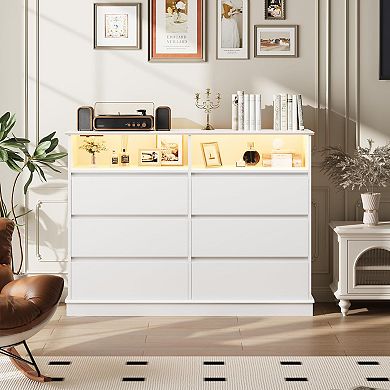 6-Drawer Dresser with LED Lights & Charging Station, Modern Storage Cabinet with Open Space
