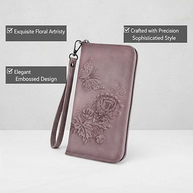 AKSZRI RFID Embossed Leather Wallet - Women's Large Capacity Wristlet Purse