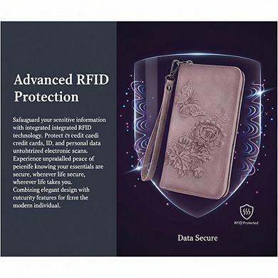 AKSZRI RFID Embossed Leather Wallet - Women's Large Capacity Wristlet Purse