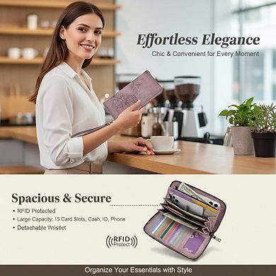 AKSZRI RFID Embossed Leather Wallet - Women's Large Capacity Wristlet Purse