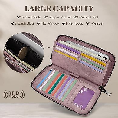 AKSZRI RFID Embossed Leather Wallet - Women's Large Capacity Wristlet Purse