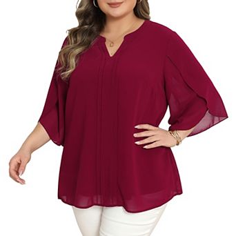 Women's Plus Size Chiffon Top Pleated Front 3/4 Sleeve Notch V Neck Dressy Casual Summer Blouses Top