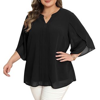 Women's Plus Size Chiffon Top Pleated Front 3/4 Sleeve Notch V Neck Dressy Casual Summer Blouses Top