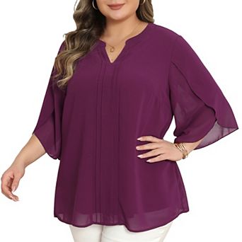 Women's Plus Size Chiffon Top Pleated Front 3/4 Sleeve Notch V Neck Dressy Casual Summer Blouses Top