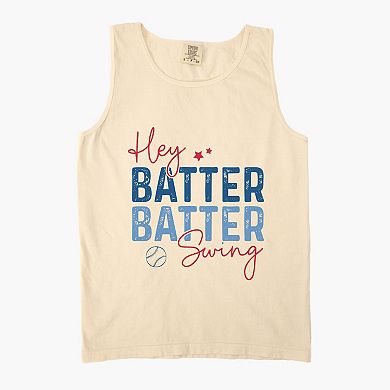 Hey Batter Batter Swing Distressed - Women's Garment Dyed Graphic Tank Top