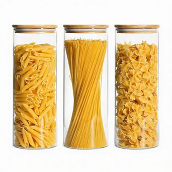 Set of 3 Clear Airtight Pasta Storage Jars with Wood Lids, 2-qt Capacity