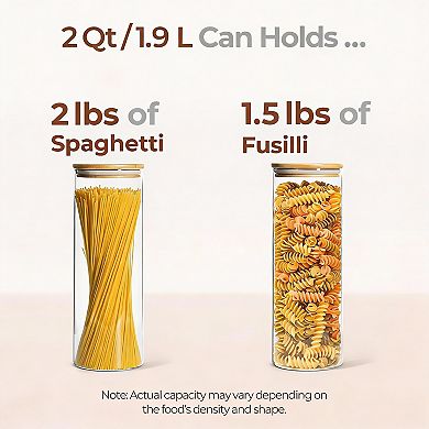Set of 3 Clear Airtight Pasta Storage Jars with Wood Lids, 2 Qt Capacity