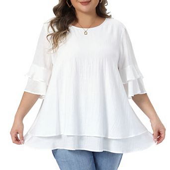 Women's Plus Size Tops Crew Neck Ruffle Half Short Sleeve Shirts Double Layered Summer Blouse Top
