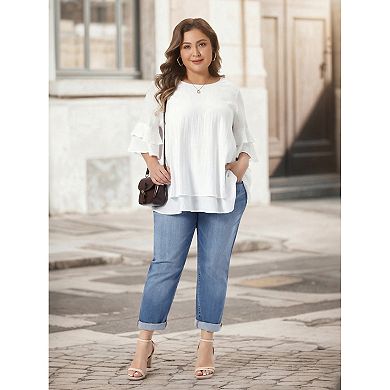 Women's Plus Size Tops Crew Neck Ruffle Half Short Sleeve Shirts Double Layered Summer Blouse Top