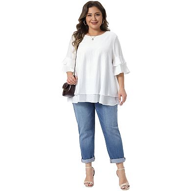 Women's Plus Size Tops Crew Neck Ruffle Half Short Sleeve Shirts Double Layered Summer Blouse Top