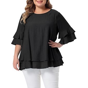 Women's Plus Size Tops Crew Neck Ruffle Half Short Sleeve Shirts Double Layered Summer Blouse Top