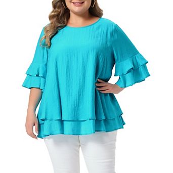 Women's Plus Size Tops Crew Neck Ruffle Half Short Sleeve Shirts Double Layered Summer Blouse Top