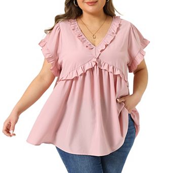 Women's Plus Size Top Summer Cute V Neck Short Sleeve Ruffle Trim Babydoll Blouses Shirts
