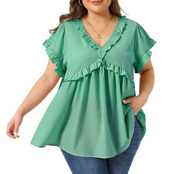 Women's Plus Size Top Summer Cute V Neck Short Sleeve Ruffle Trim Babydoll Blouses Shirts