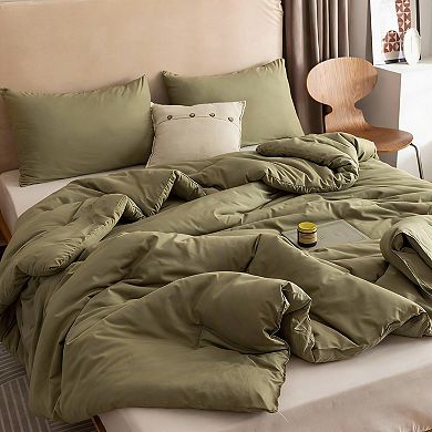 Olive Green Boho Queen Comforter Set with 2 Pillowcases
