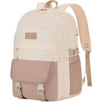 AKSZRI Lightweight 15.6" School Backpack for Teens & Women - Khaki Beige Bookbag