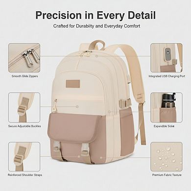 AKSZRI Lightweight 15.6" School Backpack for Teens & Women - Khaki Beige Bookbag