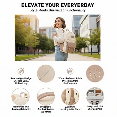 AKSZRI Lightweight 15.6" School Backpack for Teens & Women - Khaki Beige Bookbag