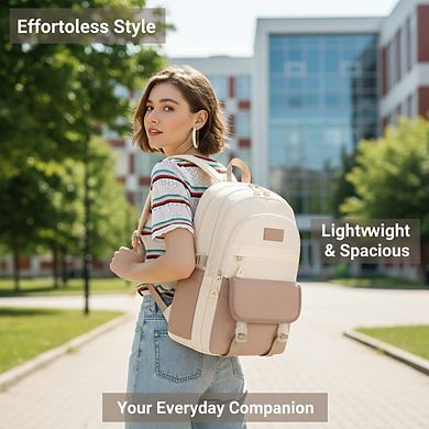 AKSZRI Lightweight 15.6" School Backpack for Teens & Women - Khaki Beige Bookbag
