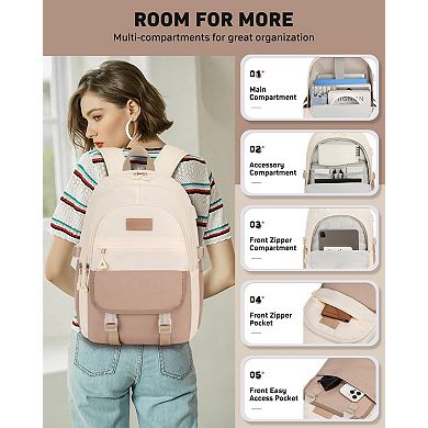 AKSZRI Lightweight 15.6" School Backpack for Teens & Women - Khaki Beige Bookbag