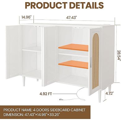 Rattan Sideboard with 4 Doors, Farmhouse Buffet with Adjustable Shelf for Kitchen