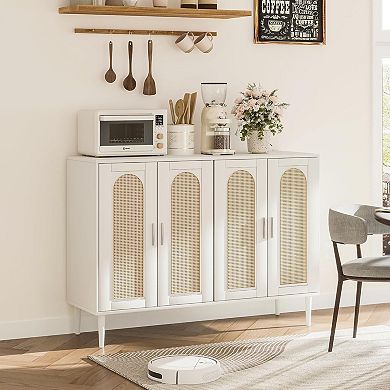 Rattan Sideboard with 4 Doors, Farmhouse Buffet with Adjustable Shelf for Kitchen
