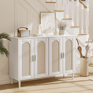Rattan Sideboard with 4 Doors, Farmhouse Buffet with Adjustable Shelf for Kitchen