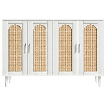 Rattan Sideboard with 4 Doors, Farmhouse Buffet with Adjustable Shelf for Kitchen