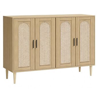 Rattan Sideboard with 4 Doors, Farmhouse Buffet with Adjustable Shelf for Kitchen