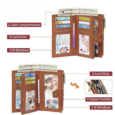 AKSZRI Small RFID Leather Trifold Wallet - Women's Clutch with ID Window